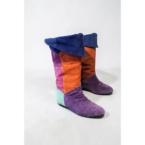 80s Retro Funky Grunge Hippie Color Block Suede Leather Slouchy Boots size 8